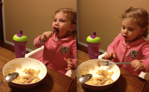 Left: In the act of eating her chicken Right: Well, the same I guess =)